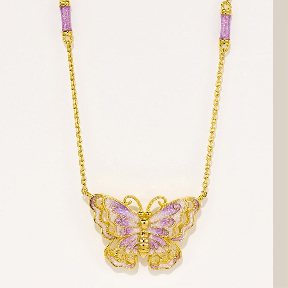 Gold Silk Purple Enamel Butterfly Necklace Dreamy Purple Butterfly Necklace High-end Versatile 925 Silver Gold-plated Collarbone Chain for Women