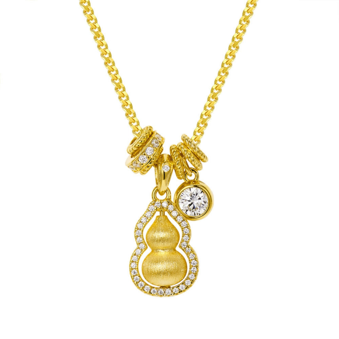 New Chinese Style National Style Black Rope Fortune and Prosperity Rotating Brushed Running Ring Gourd Pendant Necklace for Women 925 Silver Plated with 18K Gold Color