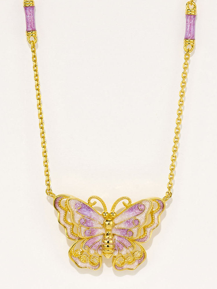 Gold Silk Purple Enamel Butterfly Necklace Dreamy Purple Butterfly Necklace High-end Versatile 925 Silver Gold-plated Collarbone Chain for Women
