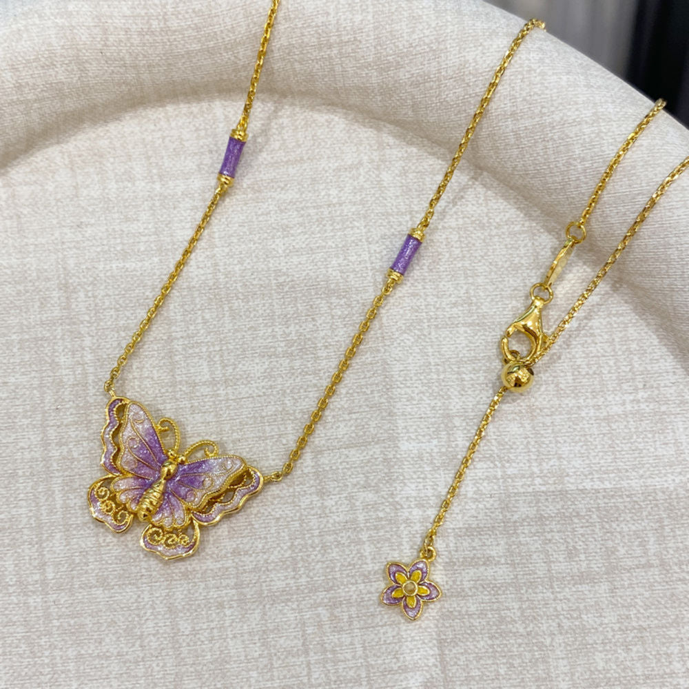 Gold Silk Purple Enamel Butterfly Necklace Dreamy Purple Butterfly Necklace High-end Versatile 925 Silver Gold-plated Collarbone Chain for Women