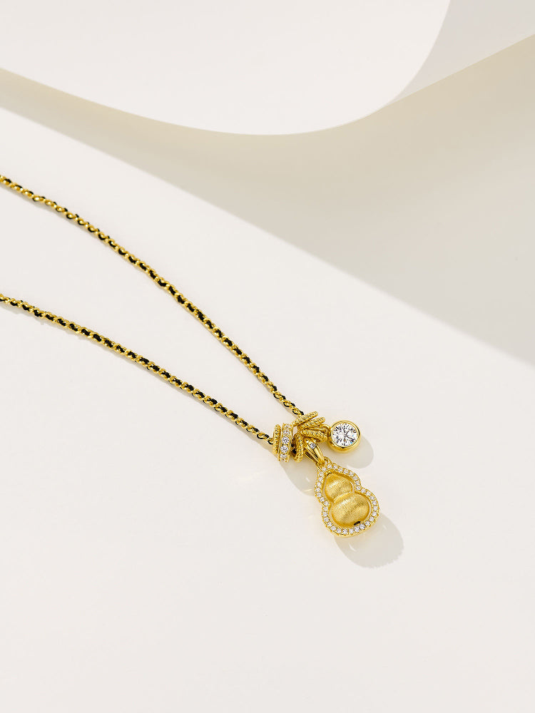 New Chinese Style National Style Black Rope Fortune and Prosperity Rotating Brushed Running Ring Gourd Pendant Necklace for Women 925 Silver Plated with 18K Gold Color