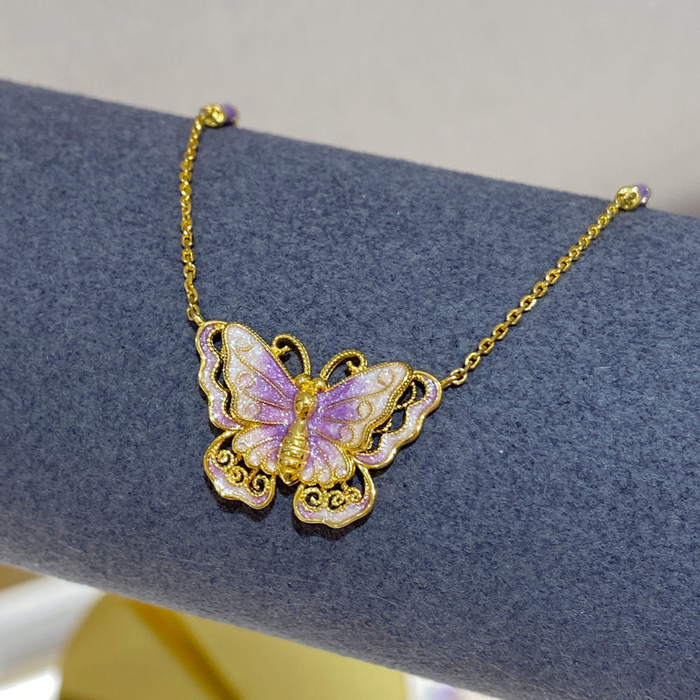 Gold Silk Purple Enamel Butterfly Necklace Dreamy Purple Butterfly Necklace High-end Versatile 925 Silver Gold-plated Collarbone Chain for Women