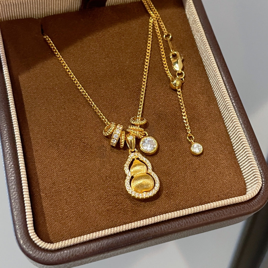 New Chinese Style National Style Black Rope Fortune and Prosperity Rotating Brushed Running Ring Gourd Pendant Necklace for Women 925 Silver Plated with 18K Gold Color