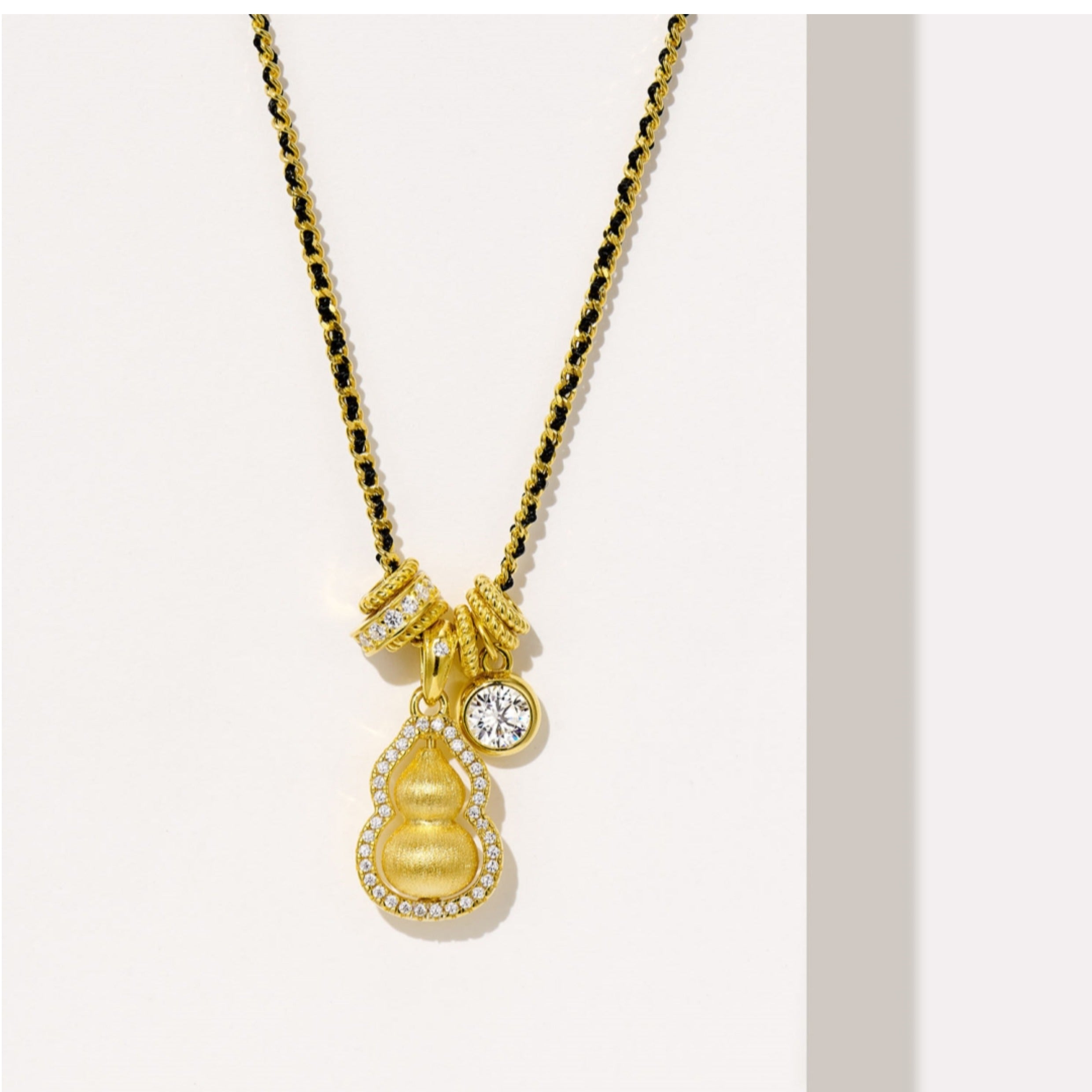 New Chinese Style National Style Black Rope Fortune and Prosperity Rotating Brushed Running Ring Gourd Pendant Necklace for Women 925 Silver Plated with 18K Gold Color