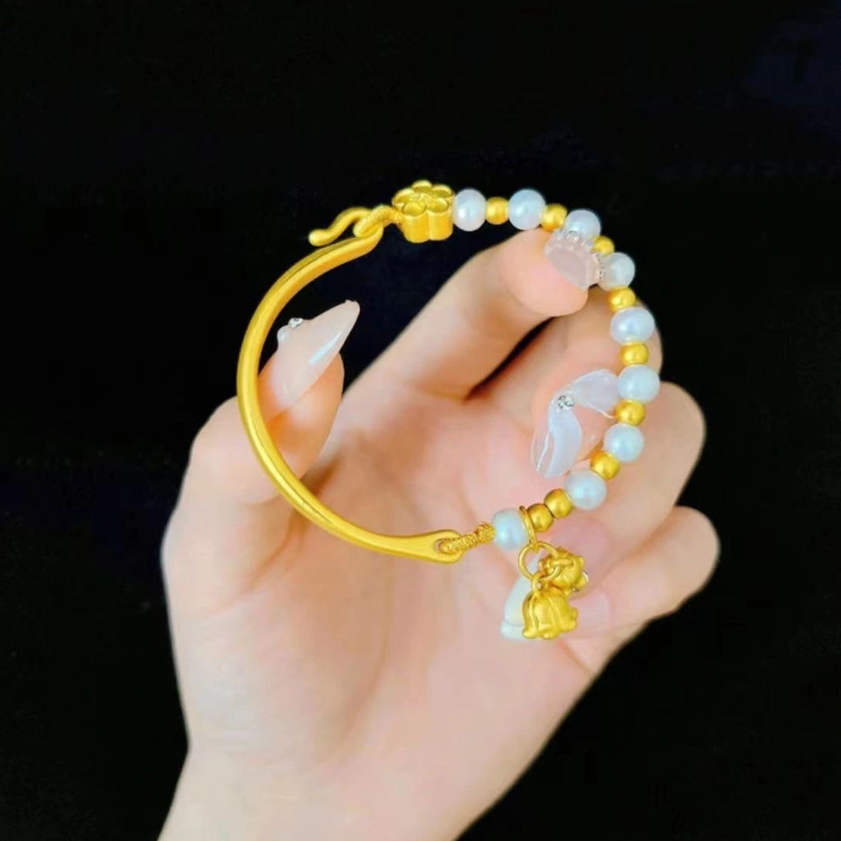 Ruyi Half Bracelet Half Chain Gold Lily of the Valley Hetian Jade Bracelet Pearl Bracelet Ancient Gold Bow
