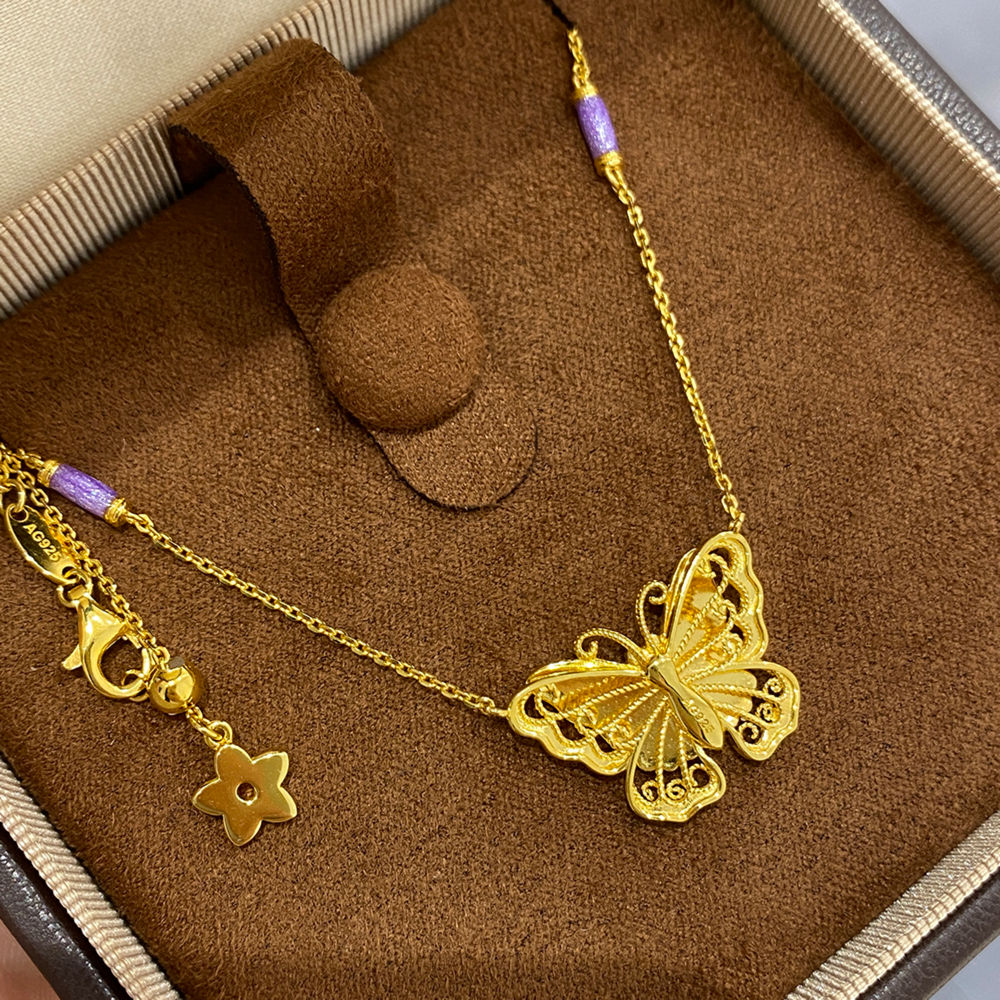 Gold Silk Purple Enamel Butterfly Necklace Dreamy Purple Butterfly Necklace High-end Versatile 925 Silver Gold-plated Collarbone Chain for Women