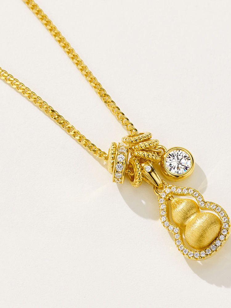 New Chinese Style National Style Black Rope Fortune and Prosperity Rotating Brushed Running Ring Gourd Pendant Necklace for Women 925 Silver Plated with 18K Gold Color