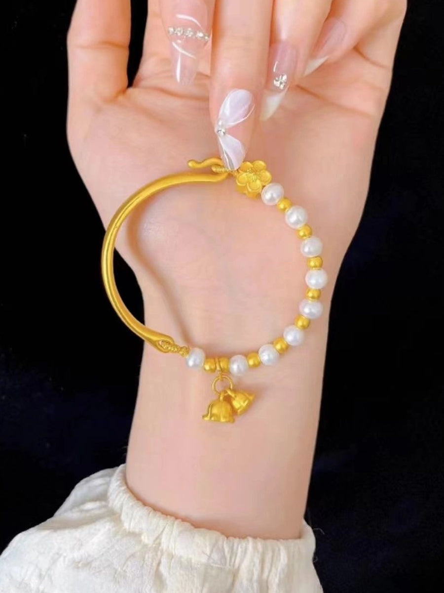 Ruyi Half Bracelet Half Chain Gold Lily of the Valley Hetian Jade Bracelet Pearl Bracelet Ancient Gold Bow
