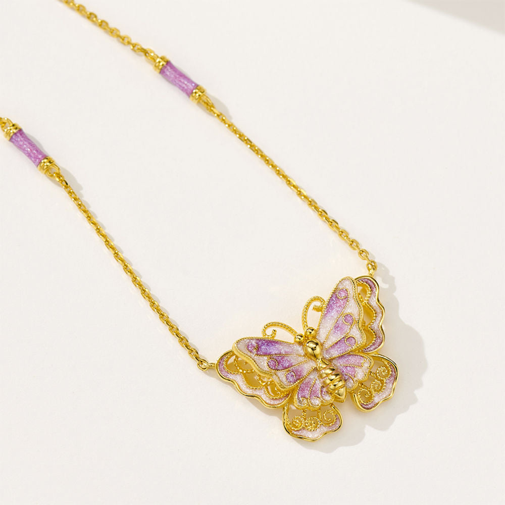 Gold Silk Purple Enamel Butterfly Necklace Dreamy Purple Butterfly Necklace High-end Versatile 925 Silver Gold-plated Collarbone Chain for Women
