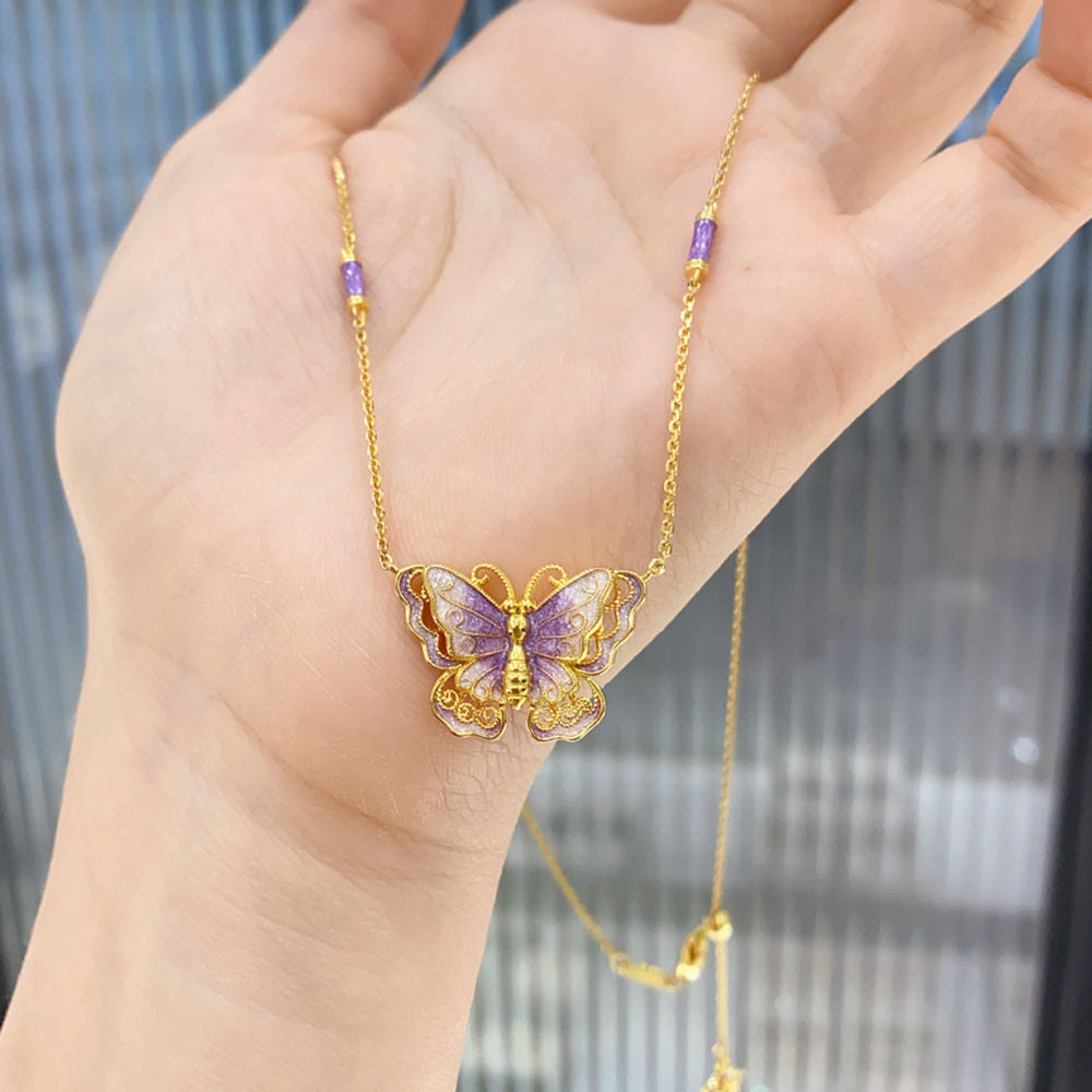 Gold Silk Purple Enamel Butterfly Necklace Dreamy Purple Butterfly Necklace High-end Versatile 925 Silver Gold-plated Collarbone Chain for Women