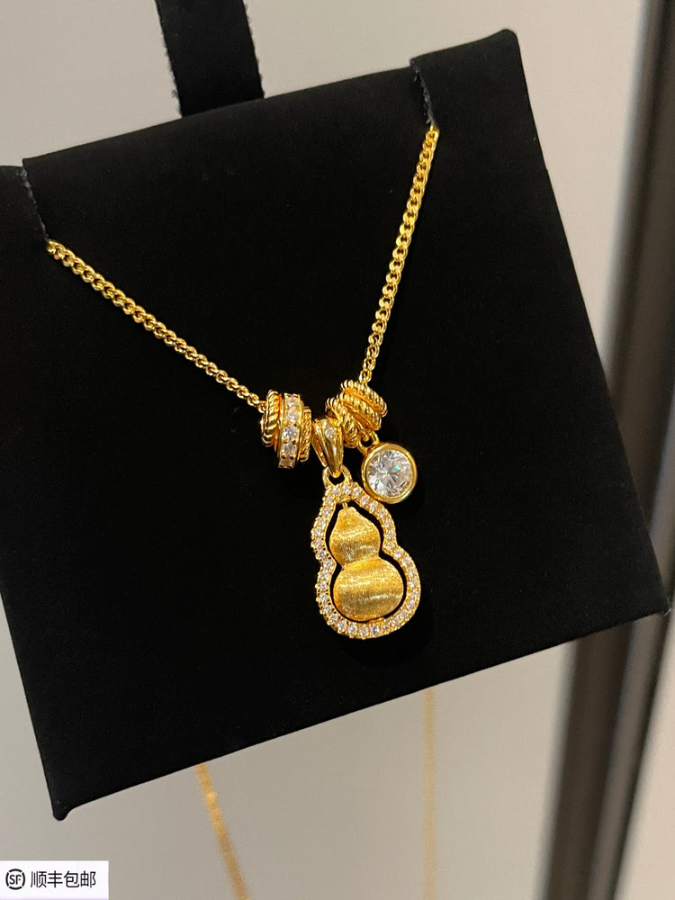 New Chinese Style National Style Black Rope Fortune and Prosperity Rotating Brushed Running Ring Gourd Pendant Necklace for Women 925 Silver Plated with 18K Gold Color