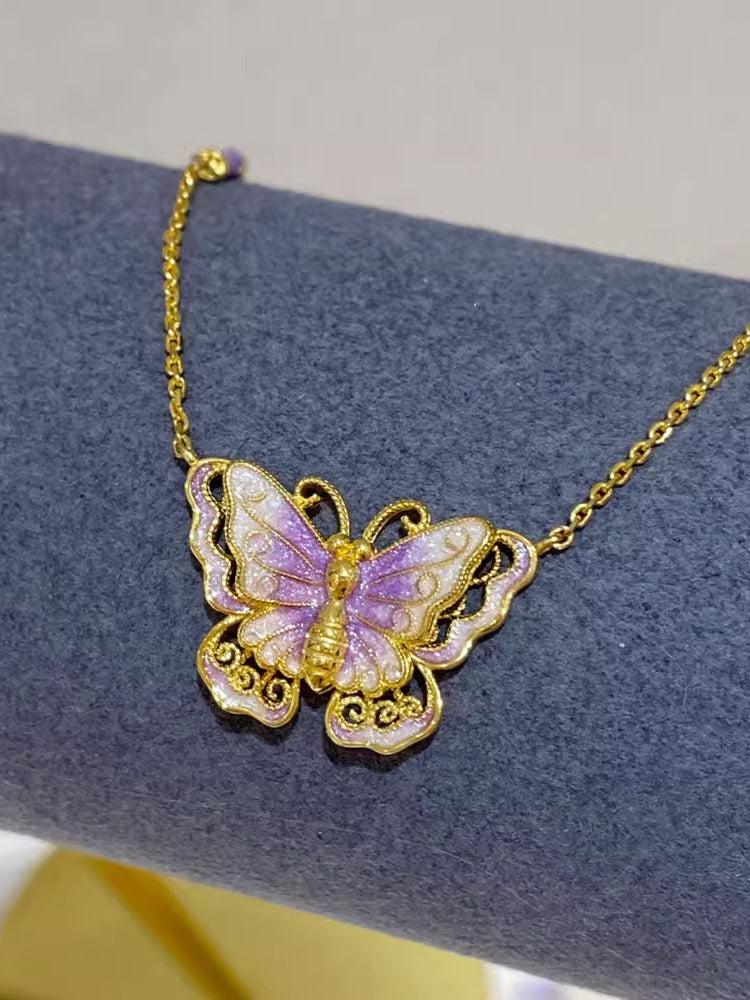Gold Silk Purple Enamel Butterfly Necklace Dreamy Purple Butterfly Necklace High-end Versatile 925 Silver Gold-plated Collarbone Chain for Women