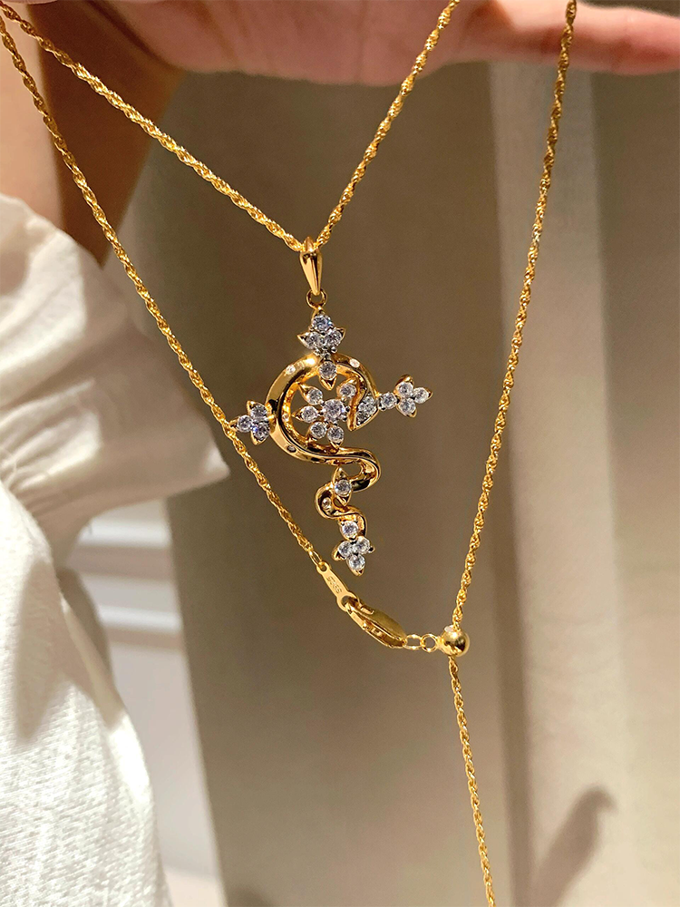 Cross Spirit Snake Scepter Necklace Zircon Collarbone Chain