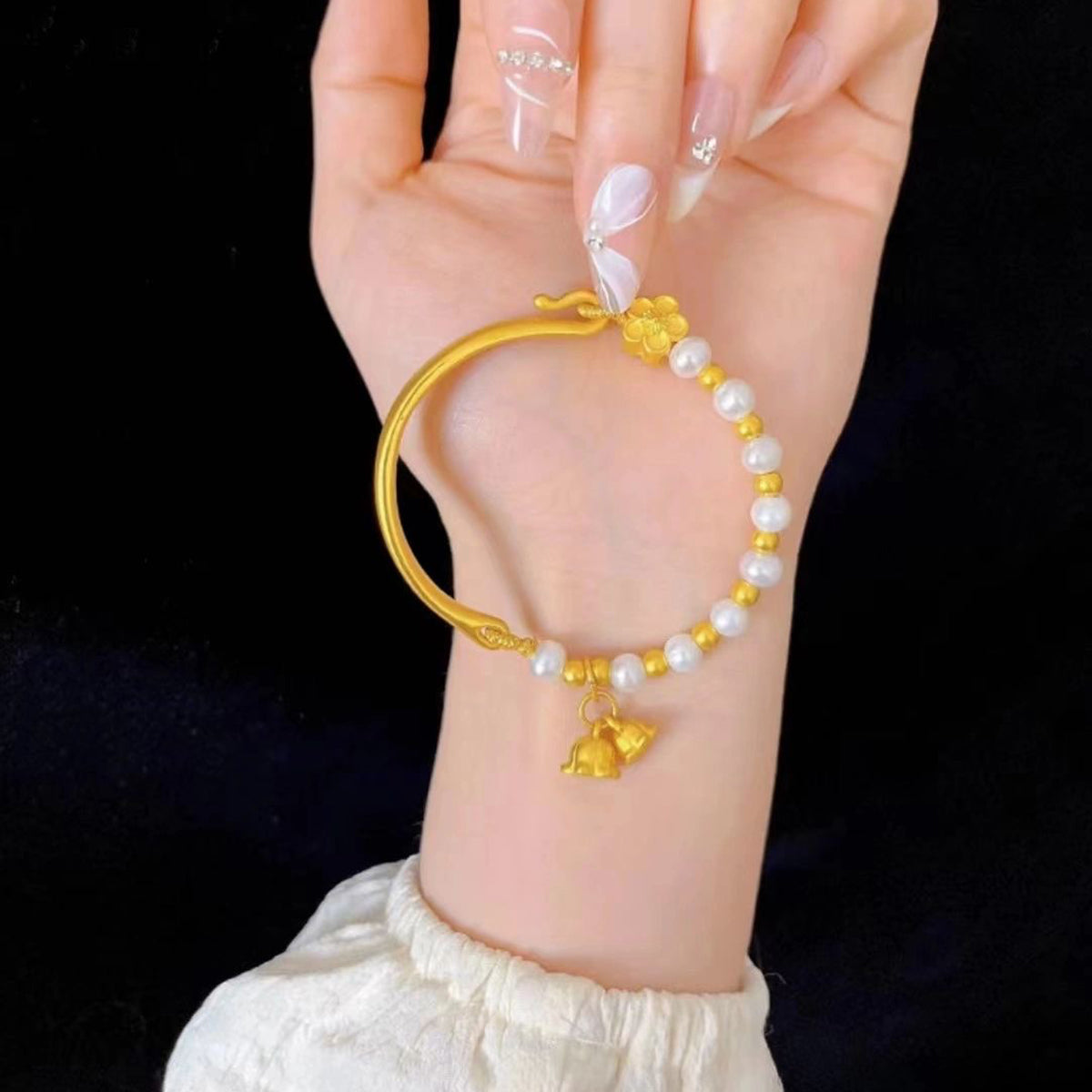 Ruyi Half Bracelet Half Chain Gold Lily of the Valley Hetian Jade Bracelet Pearl Bracelet Ancient Gold Bow