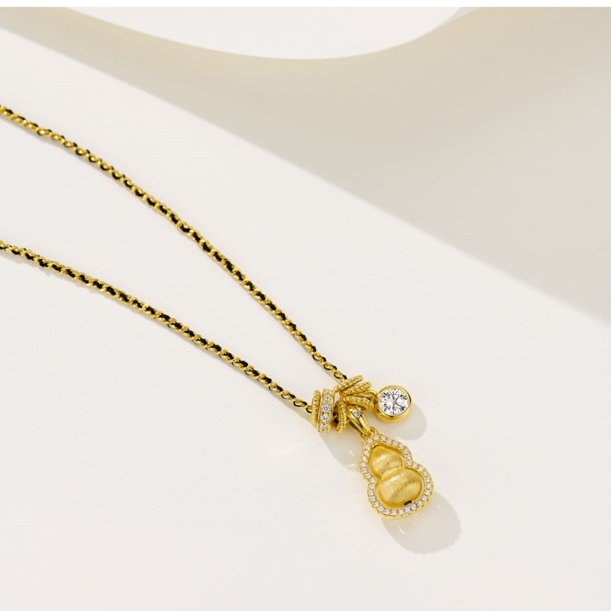 New Chinese Style National Style Black Rope Fortune and Prosperity Rotating Brushed Running Ring Gourd Pendant Necklace for Women 925 Silver Plated with 18K Gold Color
