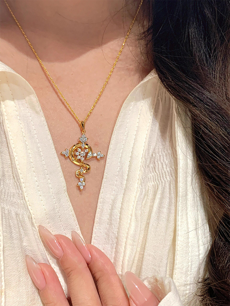 Cross Spirit Snake Scepter Necklace Zircon Collarbone Chain