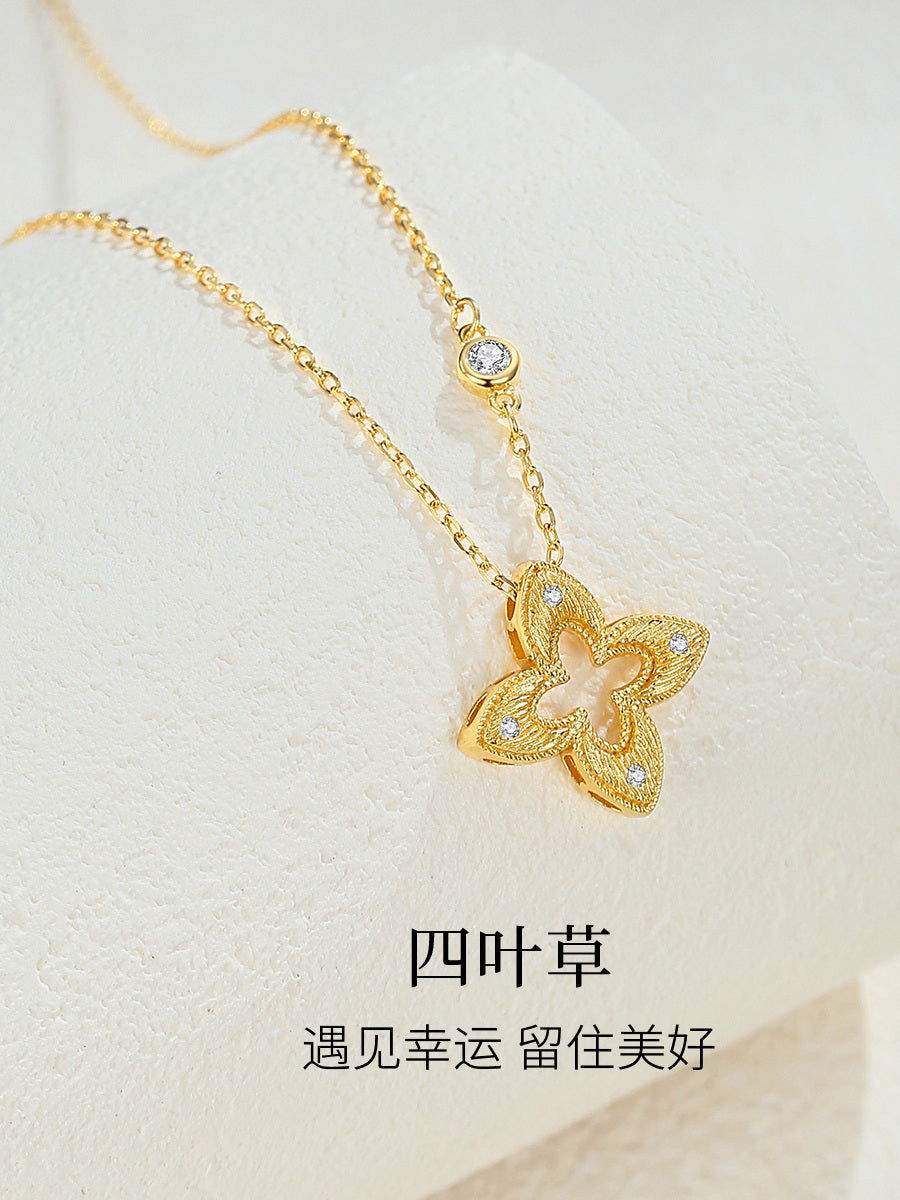 Sterling Silver Four-Leaf Clover Necklace for Women, Four-Leaf Clover Five-Flower Bracelet, Light Luxury High-End Clavicle Chain, Neck Chain, Gift for Girlfriend