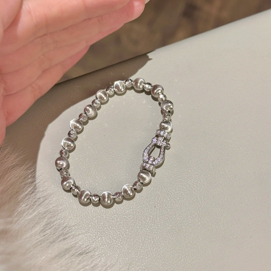 French Retro Diamond-Studded Cat Eye Horseshoe Buckle Bracelet for Women, Vintage Style, Niche Elastic Cord Hand Jewelry, Women's Bracelet