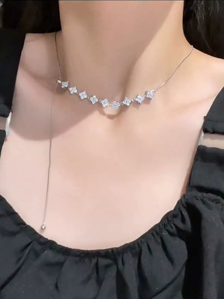 Silver slightly inlaid zircon pulling adjustable necklace versatile high sense niche light luxury sweet cool wind creative collarbone chain