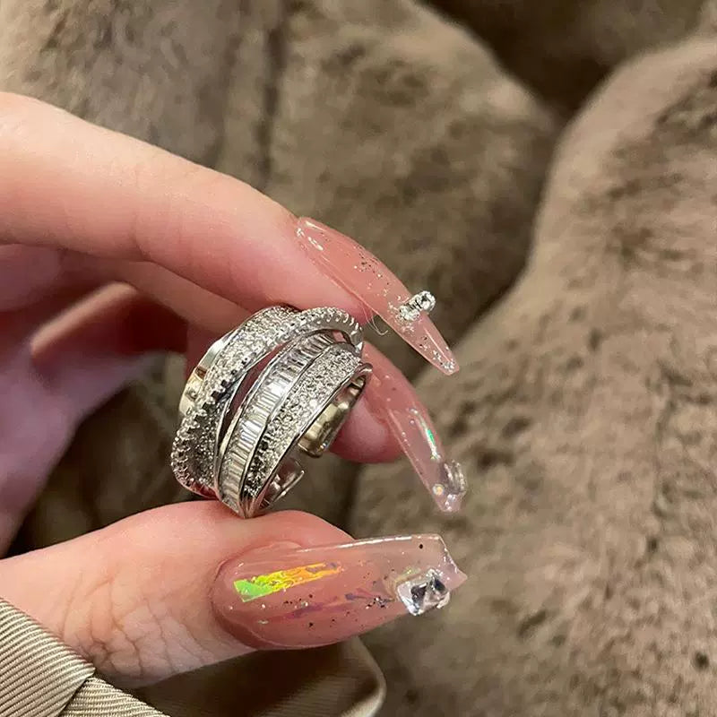 925 sterling silver shiny zircon ring women's niche design high-end fashion temperament multi-layer line opening ring