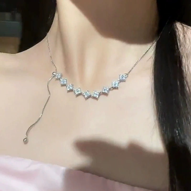 Silver slightly inlaid zircon pulling adjustable necklace versatile high sense niche light luxury sweet cool wind creative collarbone chain