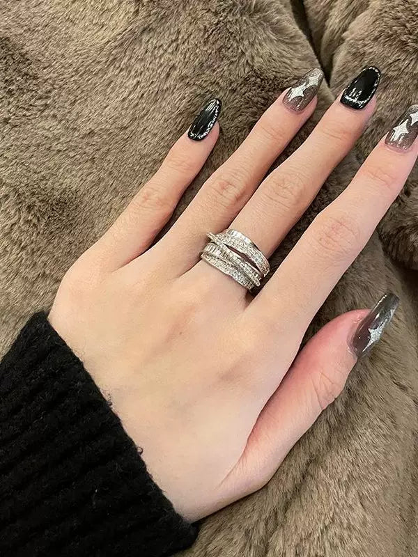 925 sterling silver shiny zircon ring women's niche design high-end fashion temperament multi-layer line opening ring