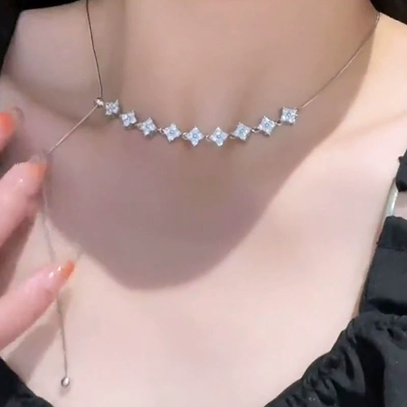 Silver slightly inlaid zircon pulling adjustable necklace versatile high sense niche light luxury sweet cool wind creative collarbone chain
