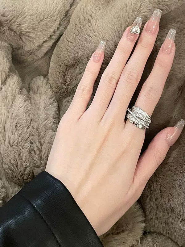 925 sterling silver shiny zircon ring women's niche design high-end fashion temperament multi-layer line opening ring