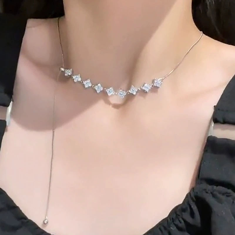 Silver slightly inlaid zircon pulling adjustable necklace versatile high sense niche light luxury sweet cool wind creative collarbone chain