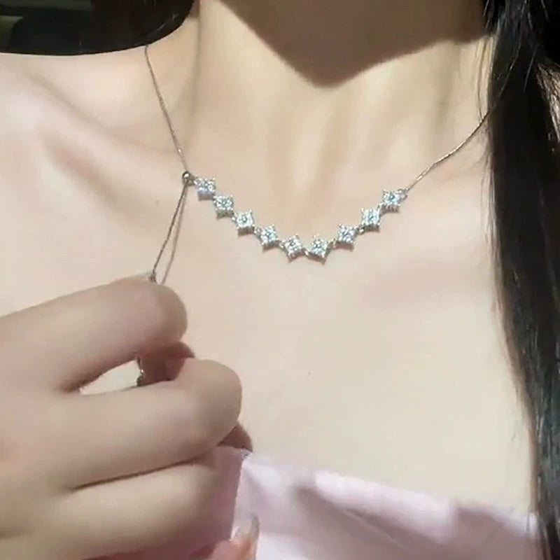 Silver slightly inlaid zircon pulling adjustable necklace versatile high sense niche light luxury sweet cool wind creative collarbone chain