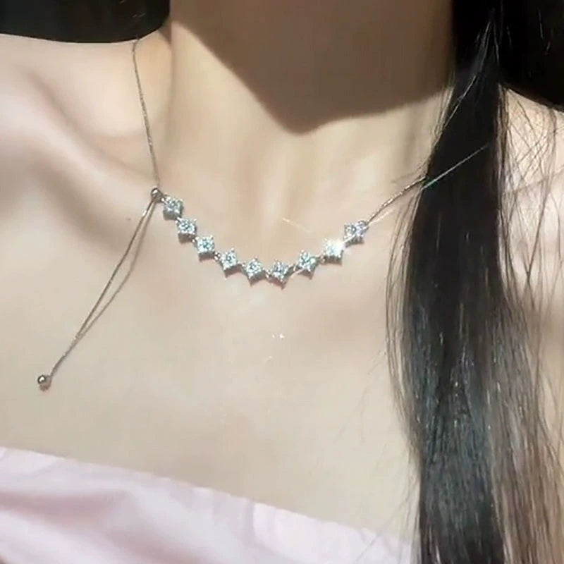 Silver slightly inlaid zircon pulling adjustable necklace versatile high sense niche light luxury sweet cool wind creative collarbone chain