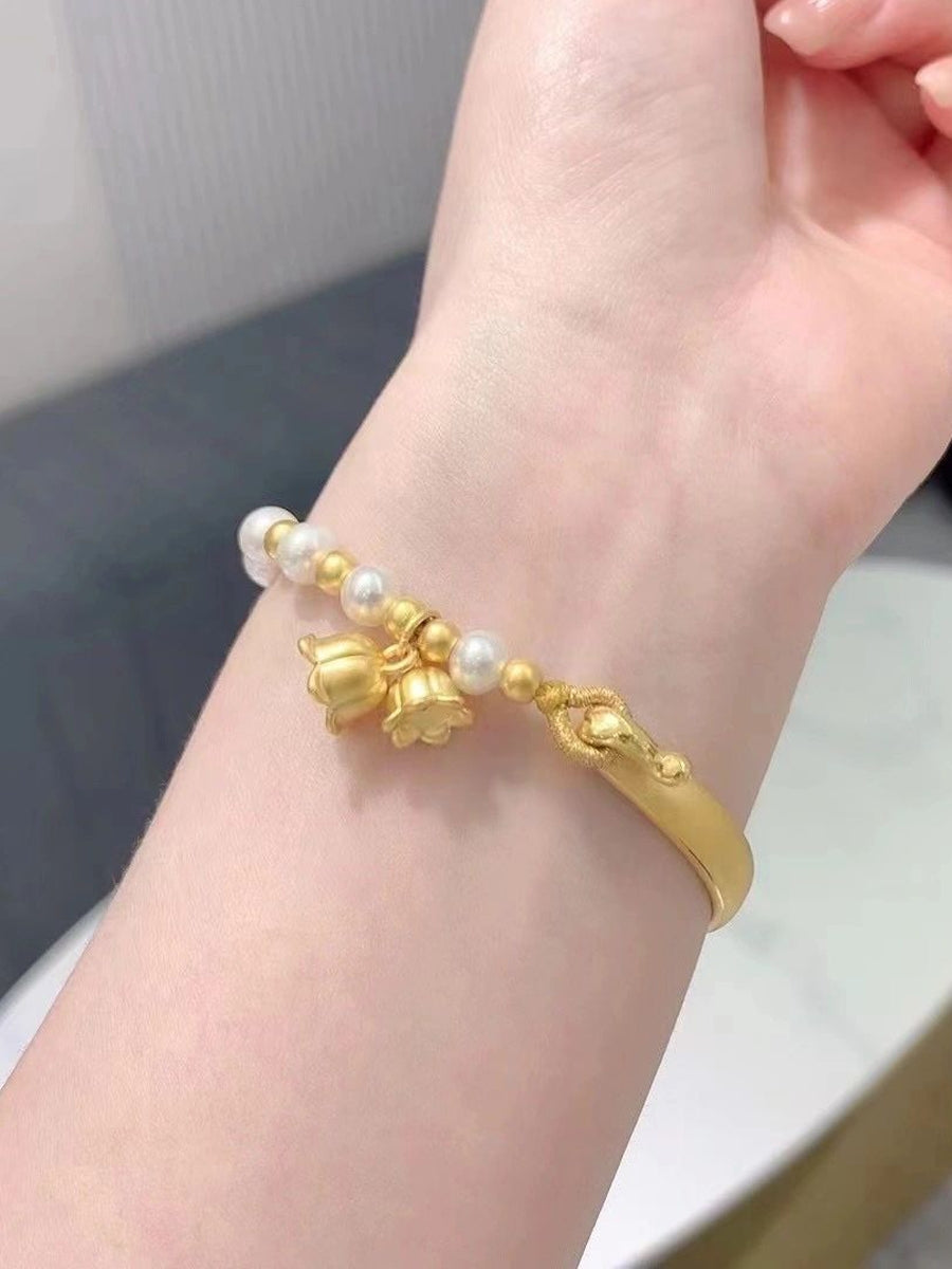 Ruyi Half Bracelet Half Chain Gold Lily of the Valley Hetian Jade Bracelet Pearl Bracelet Ancient Gold Bow