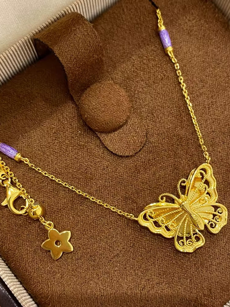 Gold Silk Purple Enamel Butterfly Necklace Dreamy Purple Butterfly Necklace High-end Versatile 925 Silver Gold-plated Collarbone Chain for Women