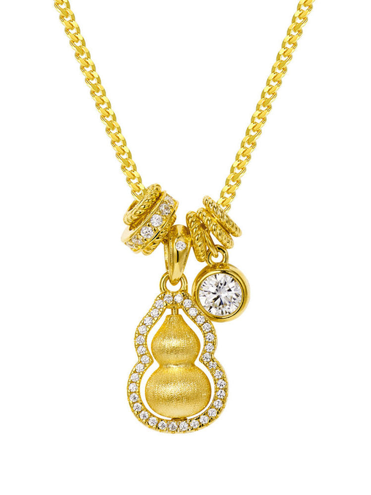 New Chinese Style National Style Black Rope Fortune and Prosperity Rotating Brushed Running Ring Gourd Pendant Necklace for Women 925 Silver Plated with 18K Gold Color