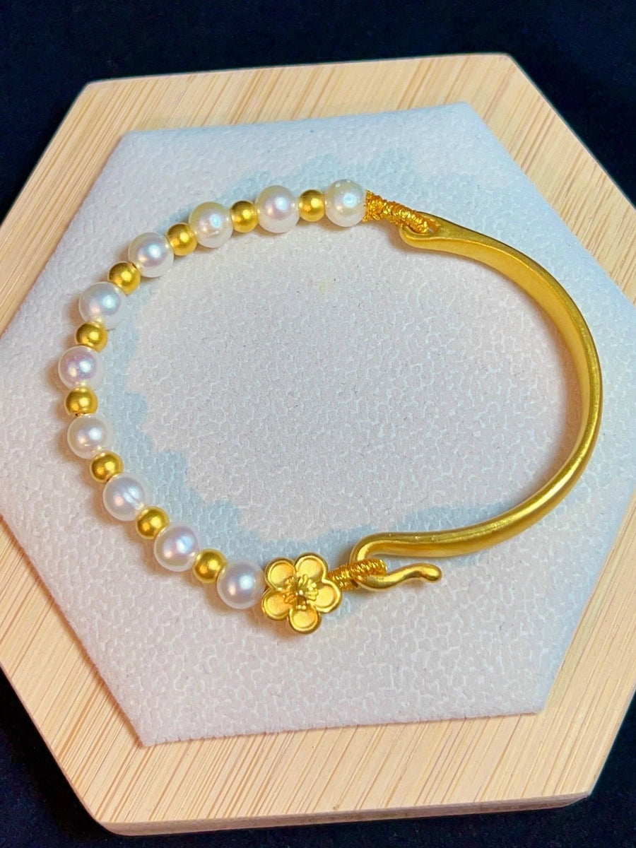 Ruyi Half Bracelet Half Chain Gold Lily of the Valley Hetian Jade Bracelet Pearl Bracelet Ancient Gold Bow