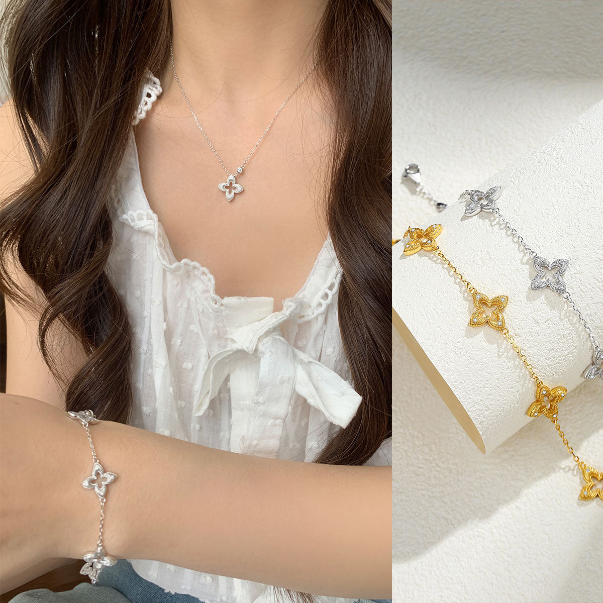 Sterling Silver Four-Leaf Clover Necklace for Women, Four-Leaf Clover Five-Flower Bracelet, Light Luxury High-End Clavicle Chain, Neck Chain, Gift for Girlfriend