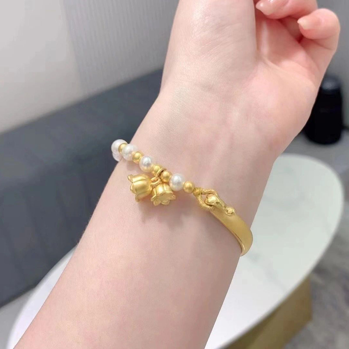 Ruyi Half Bracelet Half Chain Gold Lily of the Valley Hetian Jade Bracelet Pearl Bracelet Ancient Gold Bow