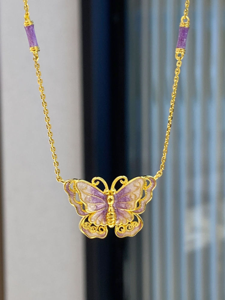 Gold Silk Purple Enamel Butterfly Necklace Dreamy Purple Butterfly Necklace High-end Versatile 925 Silver Gold-plated Collarbone Chain for Women