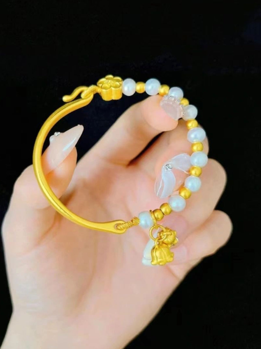 Ruyi Half Bracelet Half Chain Gold Lily of the Valley Hetian Jade Bracelet Pearl Bracelet Ancient Gold Bow