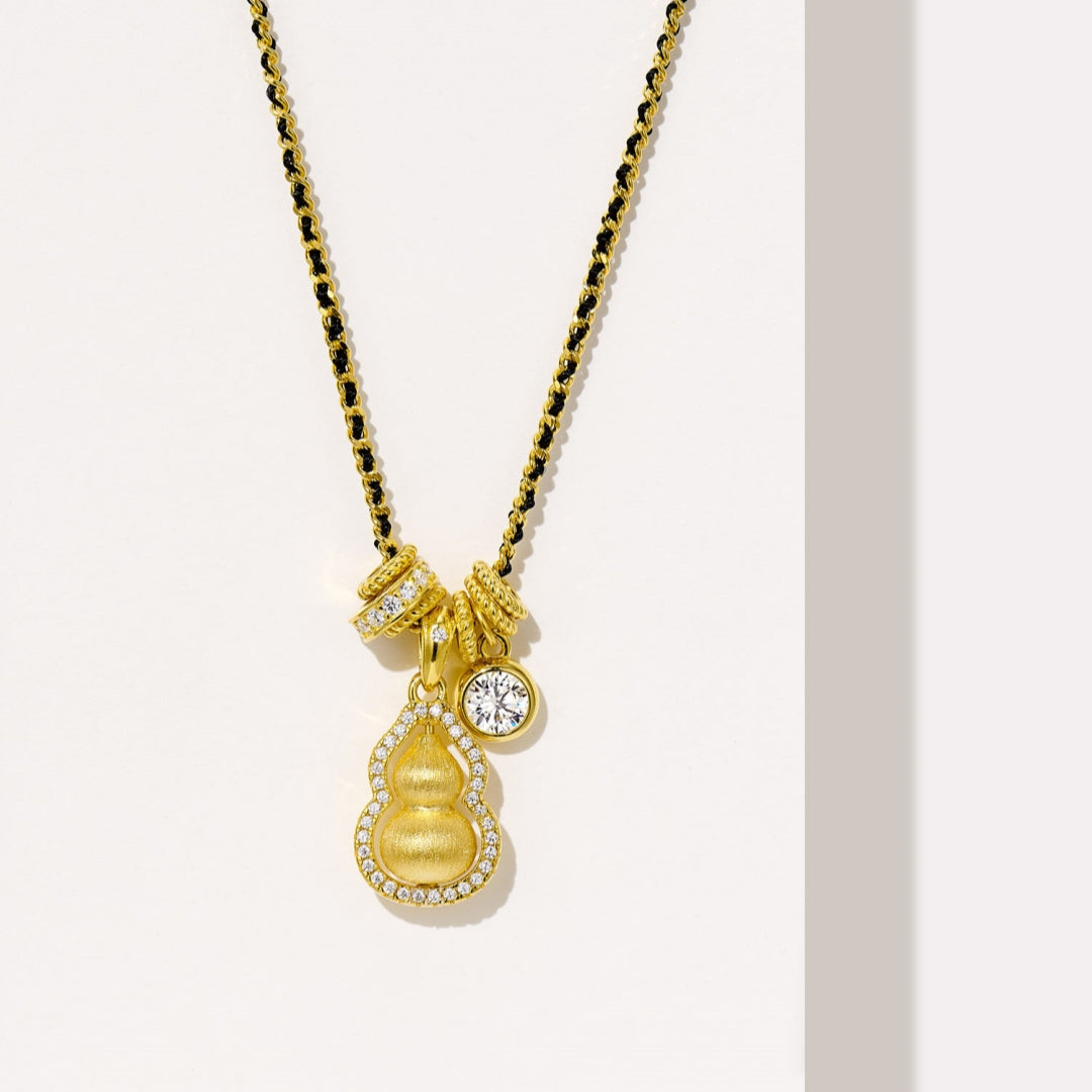 New Chinese Style National Style Black Rope Fortune and Prosperity Rotating Brushed Running Ring Gourd Pendant Necklace for Women 925 Silver Plated with 18K Gold Color