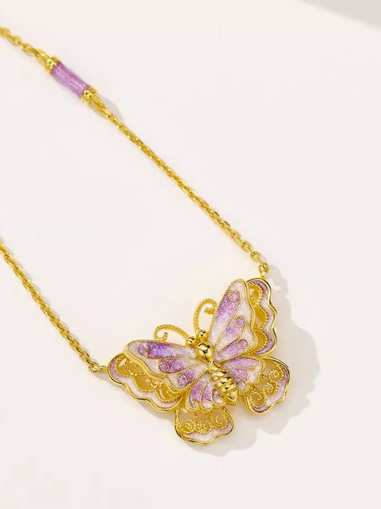 Gold Silk Purple Enamel Butterfly Necklace Dreamy Purple Butterfly Necklace High-end Versatile 925 Silver Gold-plated Collarbone Chain for Women