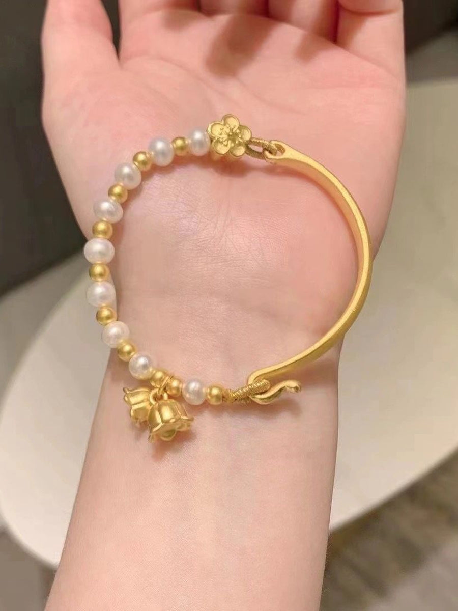 Ruyi Half Bracelet Half Chain Gold Lily of the Valley Hetian Jade Bracelet Pearl Bracelet Ancient Gold Bow