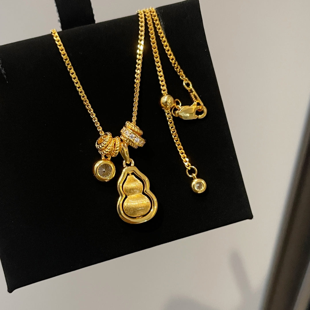 New Chinese Style National Style Black Rope Fortune and Prosperity Rotating Brushed Running Ring Gourd Pendant Necklace for Women 925 Silver Plated with 18K Gold Color