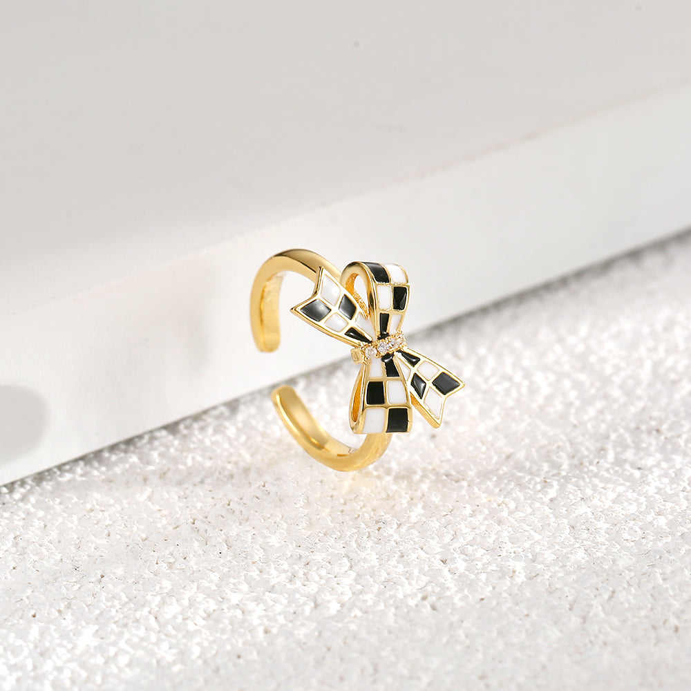 Eco-friendly Copper Real Gold Plating + Bowknot Oil Drop Open Ring